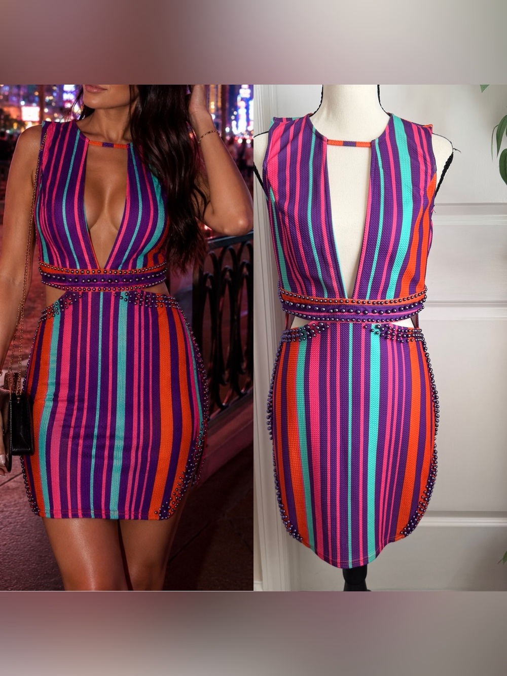 Banjul Striped Studded Cutout Party Vacation Dress Multicolor Sz L